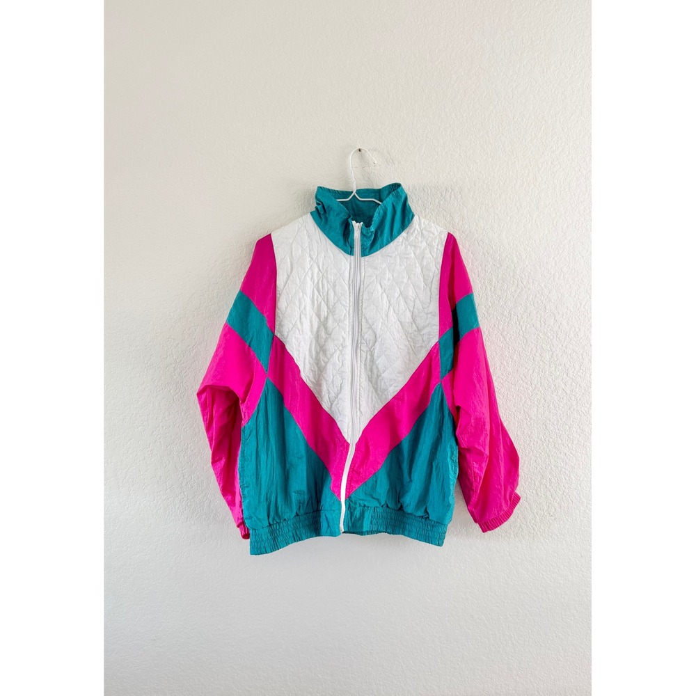Sunterra Windbreaker Jacket Womens Medium Pink Teal Vintage 90s Colorblock‎